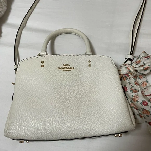 Coach | Bags | Coach Beige Leather Satchel With Patterned  Cream leather Coach purse with scarf main image 1